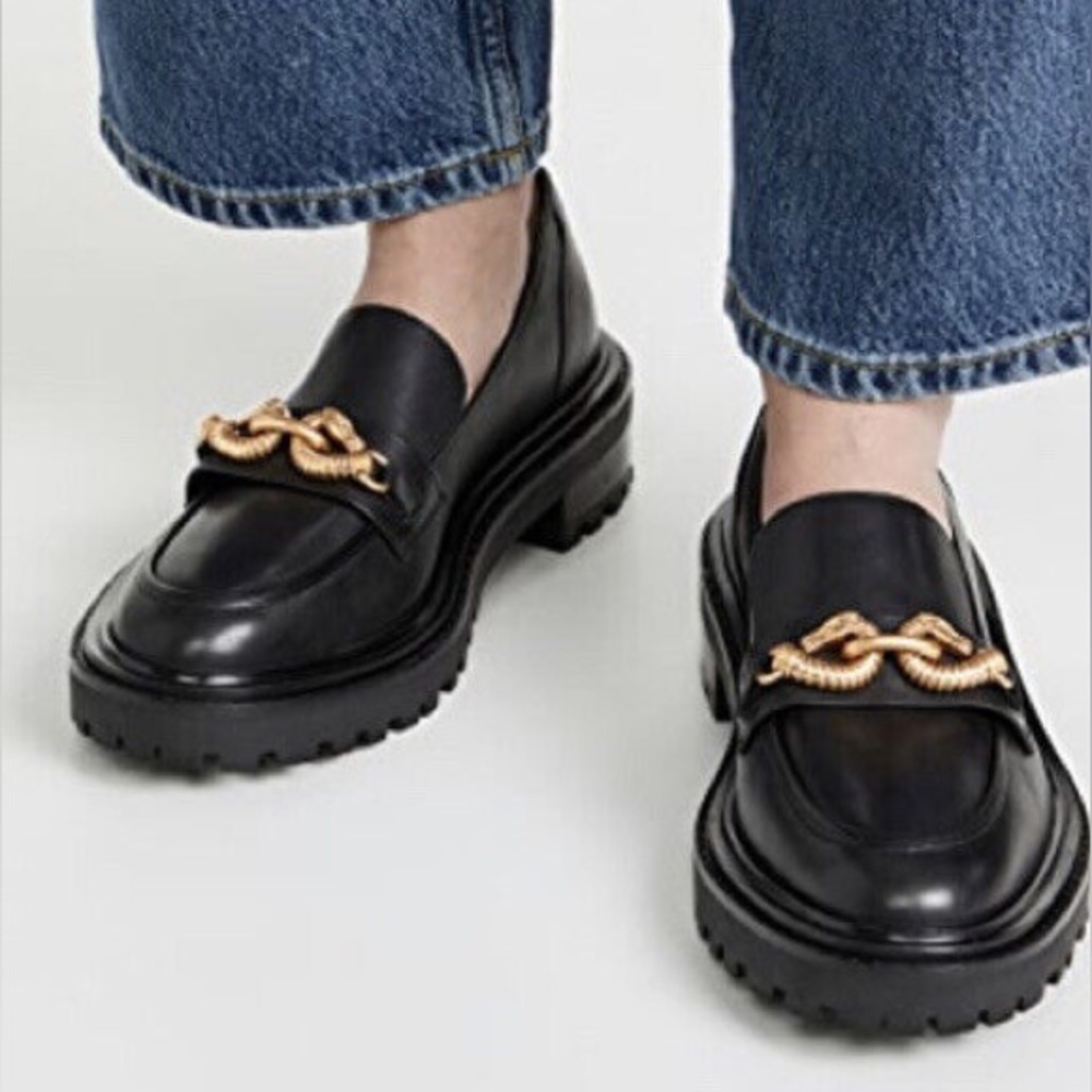 Tory Burch Jessa Lug Sole Loafers – Black Leather, Gold Horsebit, Size 7